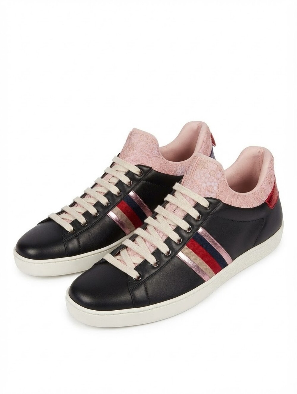 Gucci Web Accent Leather Sneakers Black Pink Floral Lace Trim US 8